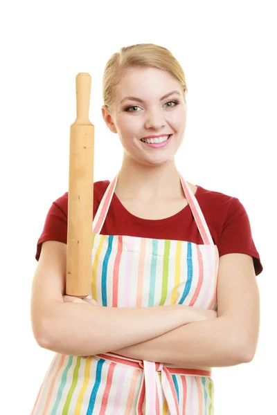 Housewife or baker chef holds baking rolling pin — Stock Photo, Image