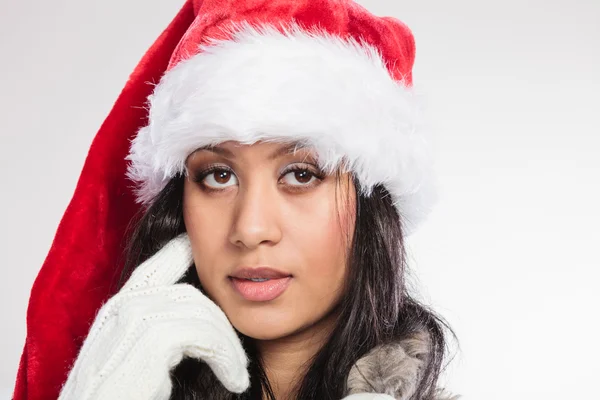 Woman mixed race santa helper hat portrait — Stock Photo, Image