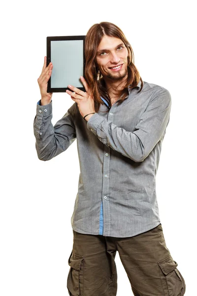 Man met de tablet pc. Leeg scherm copyspace. — Stockfoto