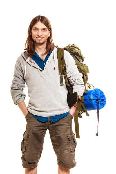 Man tourist backpacker portrait. Summer travel. — Stock Photo, Image