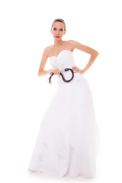 Bride  holding  black leather flogging whip — Stock Photo, Image