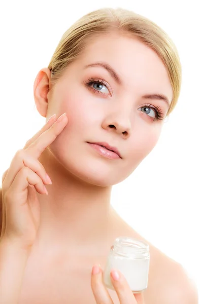 Skin care. Girl applying moisturizing cream. — Stock Photo, Image