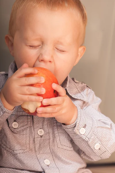 小さな少年子供子供食べるリンゴ果実自宅 — ストック写真
