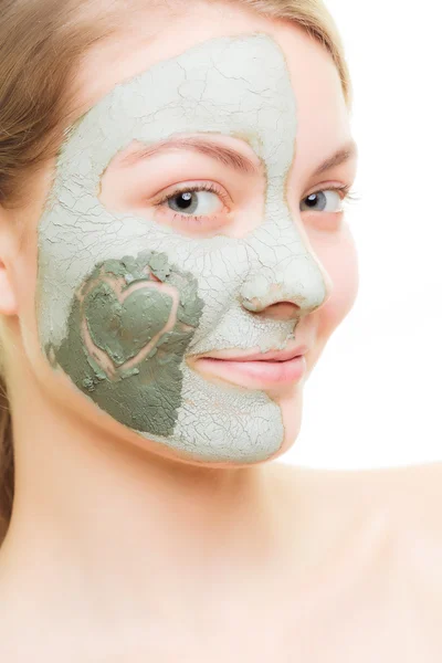 Skin care. Woman in clay mud mask on face. Beauty. — Stock Photo, Image