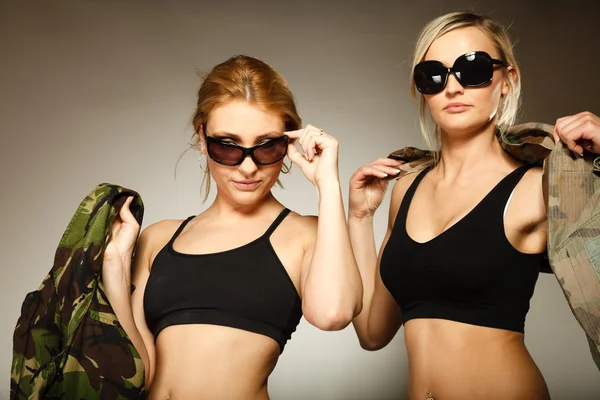 Two women in military clothes army girls — Stock Photo, Image