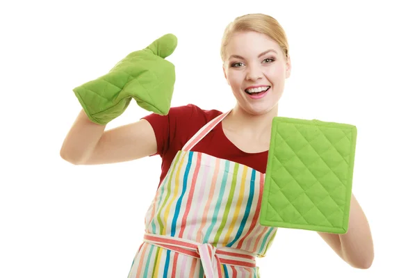 Housewife in kitchen apron — Stok fotoğraf