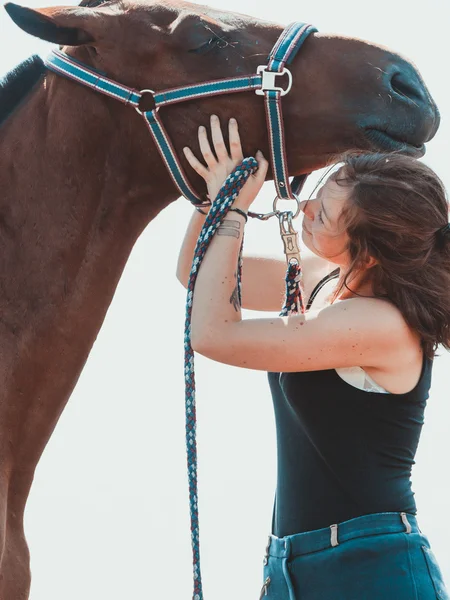 Vrouw meisje het verzorgen van het paard. — Stockfoto