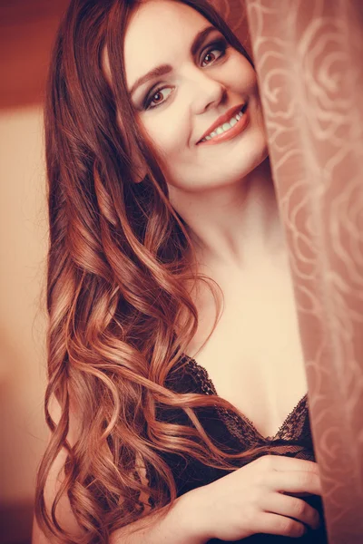 Portrait of happy sensual young woman in lingerie. — Stock Photo, Image