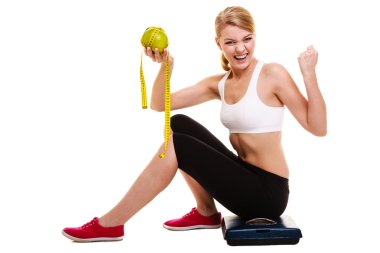 Woman raising her arms. Successful dieting slimming clipart