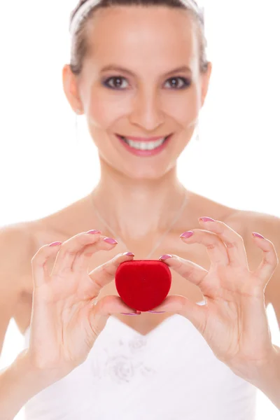 Excited bride woman showing engagement ring box. Royalty Free Stock Photos