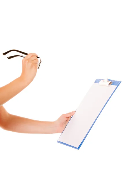 Woman holding glasses and clipboard isolated — Stock Photo, Image