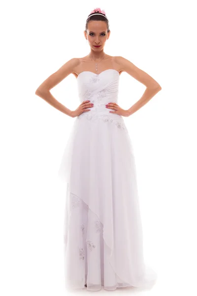 Plná délka nevěsta v bílých svatebních šatech izolované — Stock fotografie