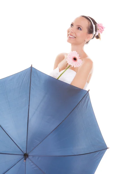 Pretty bride woman holding umbrella and flower. — Stok fotoğraf