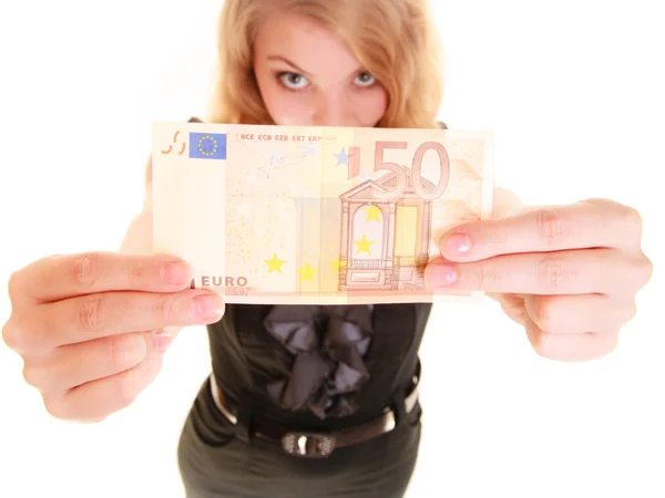 Economy finance. Woman holds euro currency money. — Stock Photo, Image