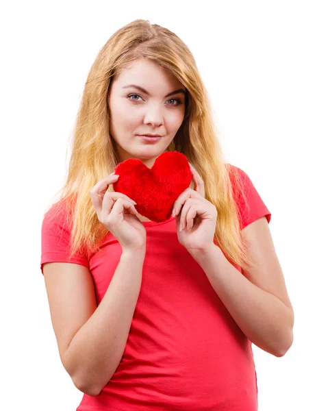 Woman holding red heart — Stock Photo, Image