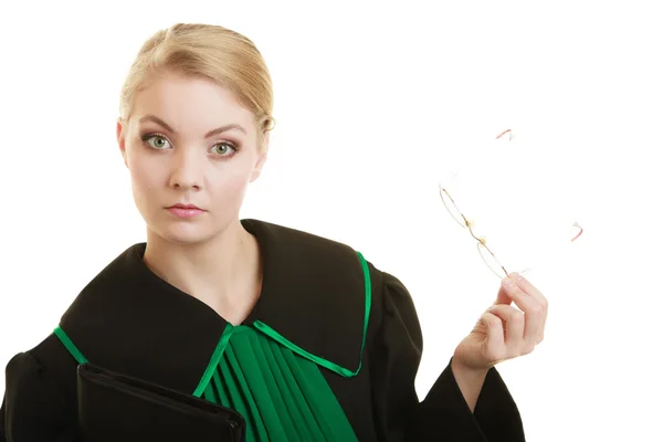 Woman lawyer attorney wearing black green gown — Stock Photo, Image