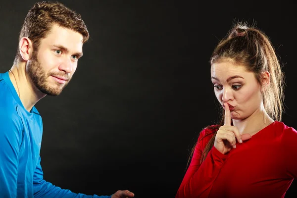 Man husband abusing woman wife asking for silence. — Stock Photo, Image