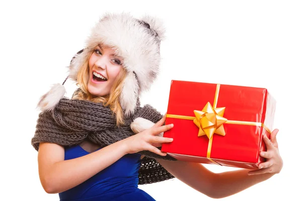 Winter girl with red gift box isolated — Stock Photo, Image