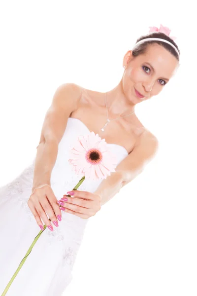 Vestido de noiva branco atraente com flor — Fotografia de Stock
