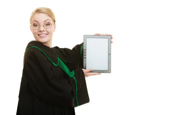 Woman lawyer holds tablet blank copy space. — Stock Photo, Image