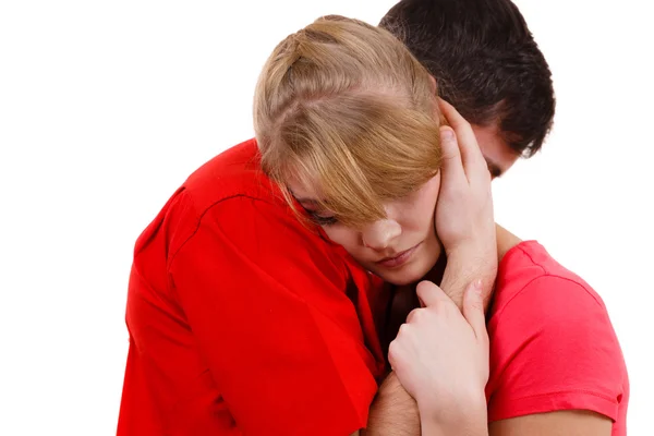 Couple. Woman is sad and being consoled by his partner — Stock Photo, Image