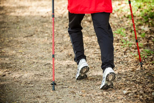 Nordic walking. Weibliche Beine beim Wandern im Wald oder Park. — Stockfoto