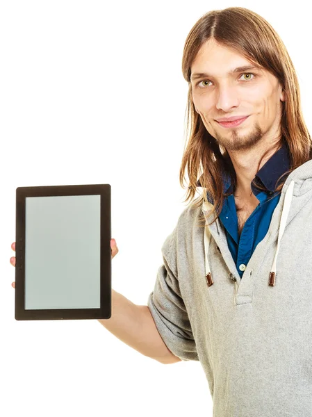 Man holding pc tablet. Blank screen copyspace. — Stock Photo, Image