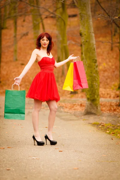 Acheteur automne femme avec sacs de vente en plein air dans le parc — Photo