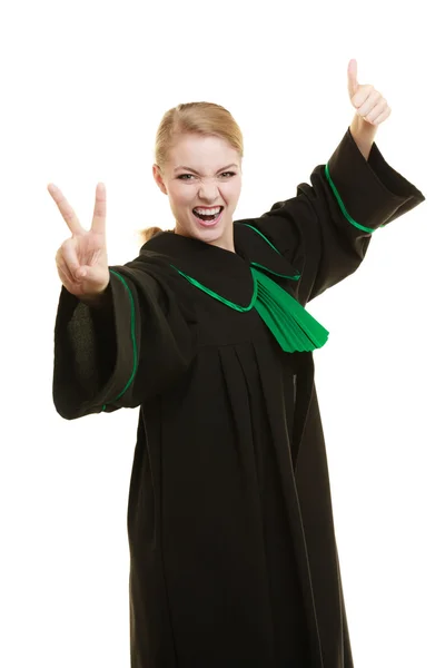 Woman barrister making sign victory thumb up gesture — Stock Photo, Image