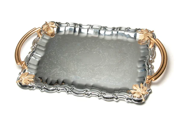 Empty silver tray isolated on white background — Stock Photo, Image