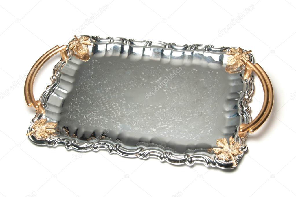 empty silver tray isolated on white background