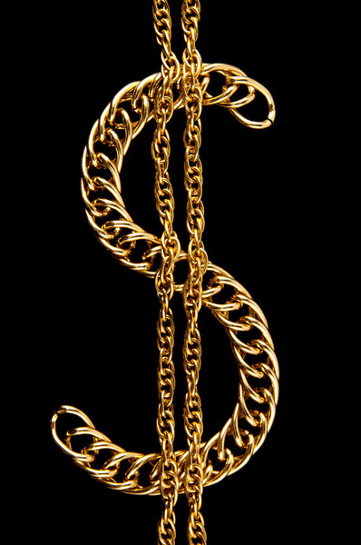 Golden chain of twisted rings. Isolated on white