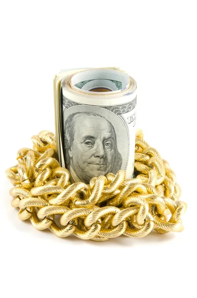 Dollars avec de l'or sur fond blanc — Photo