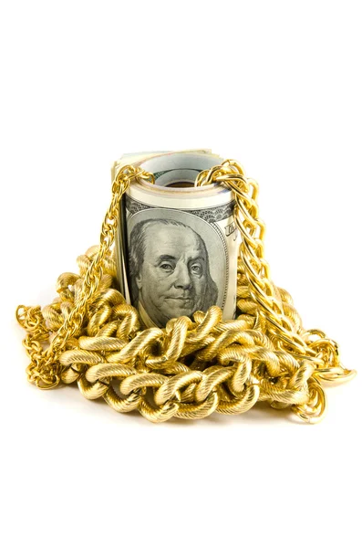 Dollars avec de l'or sur fond blanc — Photo