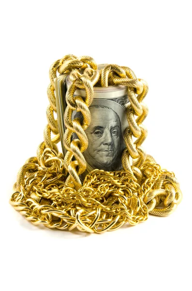 Dollars avec de l'or sur fond blanc — Photo