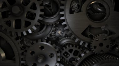 Parlak siyah arka plan üzerine büyük metal Dişliler