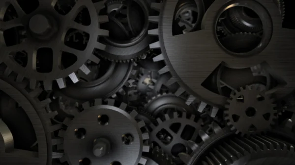 Parlak siyah arka plan üzerine büyük metal Dişliler