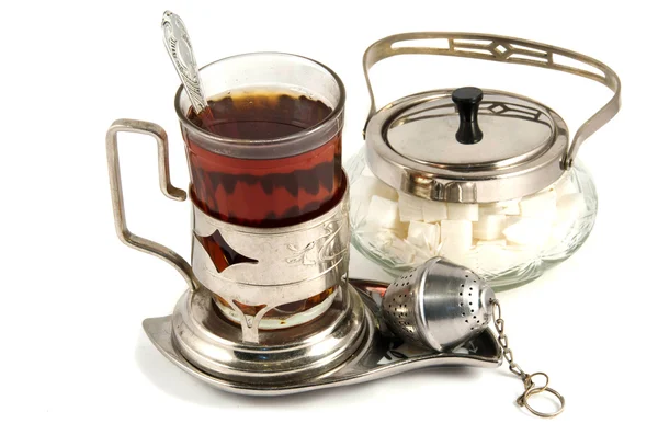 Tea and sugar bowl on a tray — Stock Photo, Image