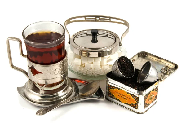 Tea and sugar bowl on a tray — Stock Photo, Image