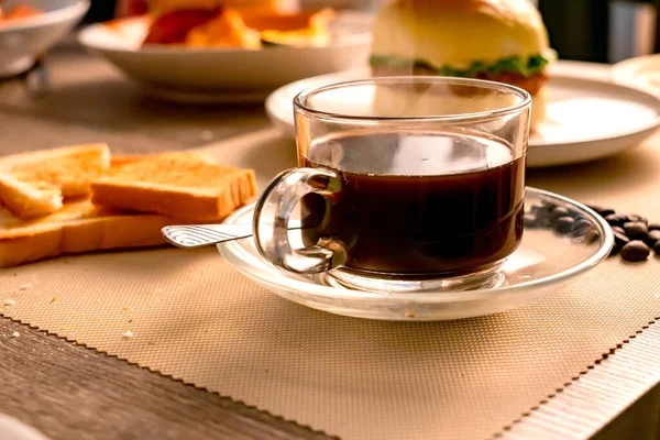 Breakfast Hot Black Coffee Wooden Table Sunbeam Morning — Stock Photo, Image