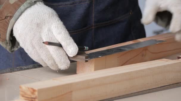 Nahaufnahme Des Tischlers Gemessen Und Markiert Auf Dem Holz — Stockvideo