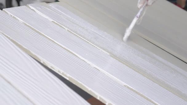 Zbliżenie Pracowników Malowane Biało Drewnie Ogrodzenia — Wideo stockowe