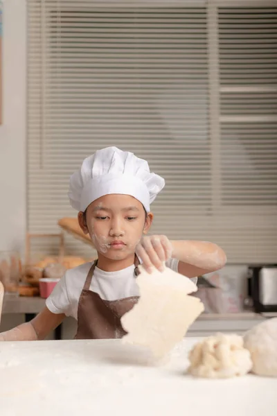 Asian Little Girl Making Dough White Table Homemade Bakery Kid — Stock Photo, Image