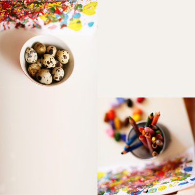 Paskalya renkli arka plan ile bıldırcın yumurtası ve renkli kalemler