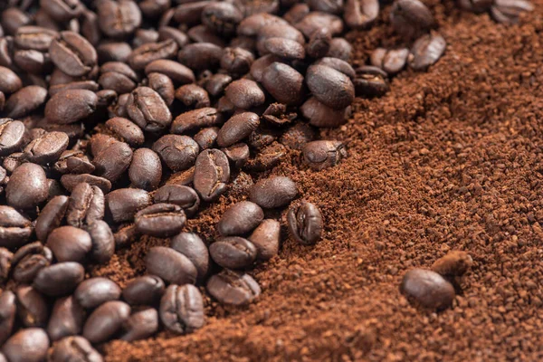Gesloten Textuur Van Gemalen Koffie Bonen Selectief Gericht — Stockfoto