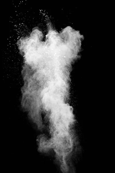 Witte Poeder Explosie Geïsoleerd Zwarte Achtergrond Witte Stof Deeltjes Spatten — Stockfoto