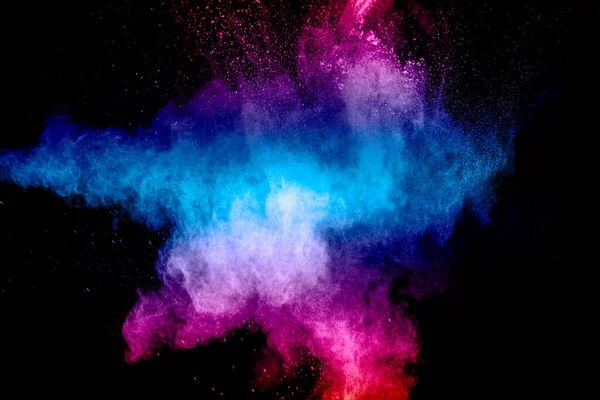 Salpicaduras Partículas Polvo Azul Rosado Sobre Fondo Negro Salpicaduras Polvo — Foto de Stock