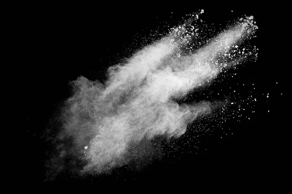 Nuvem Explosão Branco Contra Fundo Preto Partículas Poeira Branca Respingo — Fotografia de Stock