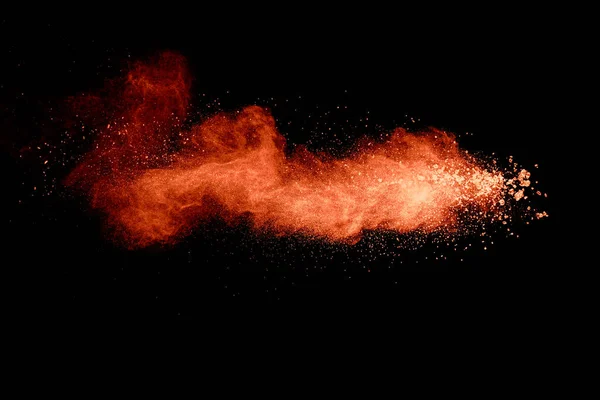Esplosione Astratta Polvere Arancione Sfondo Nero Movimento Congelamento Spruzzi Polvere — Foto Stock