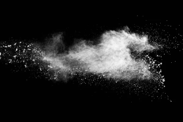 Partículas Poeira Branca Salpicando Freez Movimento Talco Explosão Fundo Escuro — Fotografia de Stock